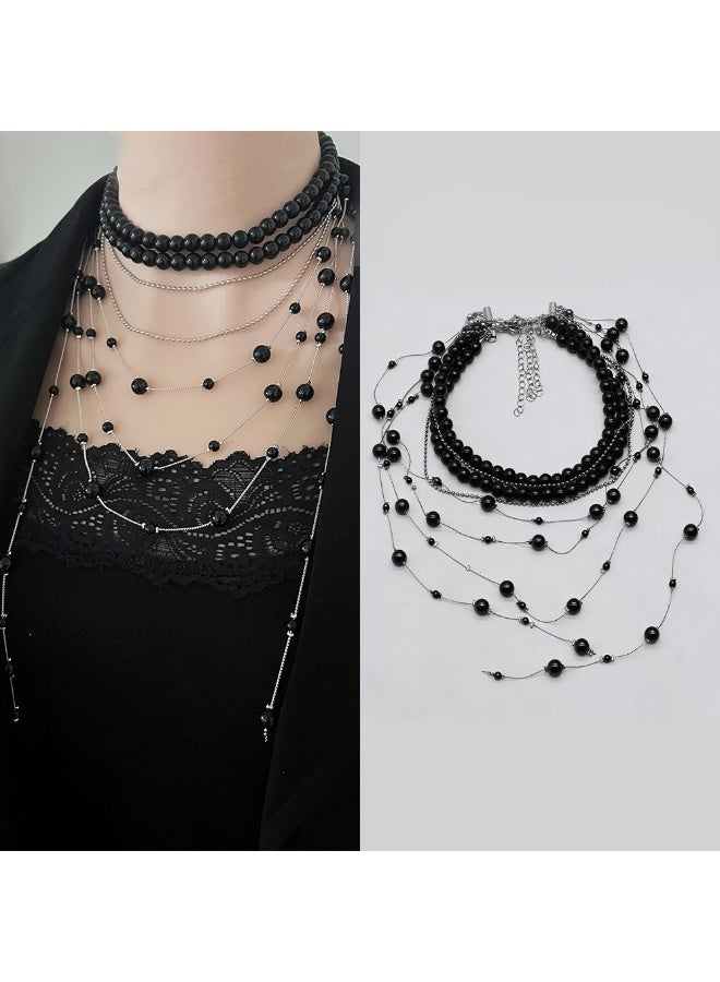 Multi-Layer Black Beaded Tassel Necklace Set Gothic Style Choker For Women Party Wear - Image 1